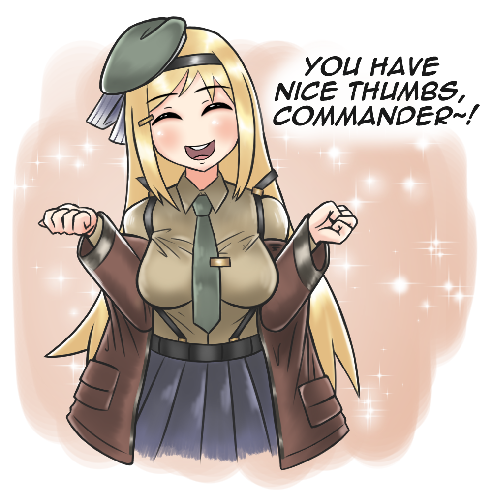 :d, beret, blonde_hair, blue_skirt, blush, brown_shirt, clenched_hands, closed_eyes