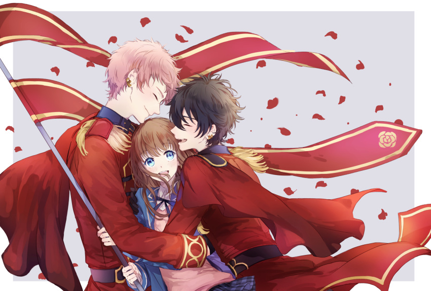 1girl, 2boys, absurdres, anzu_(ensemble_stars!), black_hair, blazer, blue_eyes, brown_hair