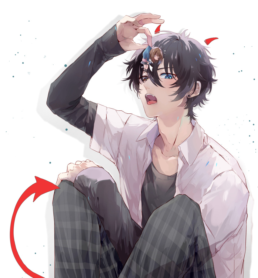 1boy, 1girl, anzu_(ensemble_stars!), black_hair, brown_hair, chibi, ensemble_stars!, heterochromia