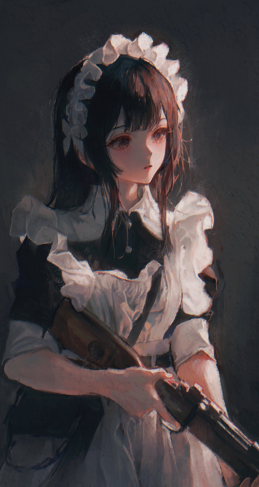 1girl, apron, black_dress, blush, brown_eyes, brown_hair, dark_background, dress