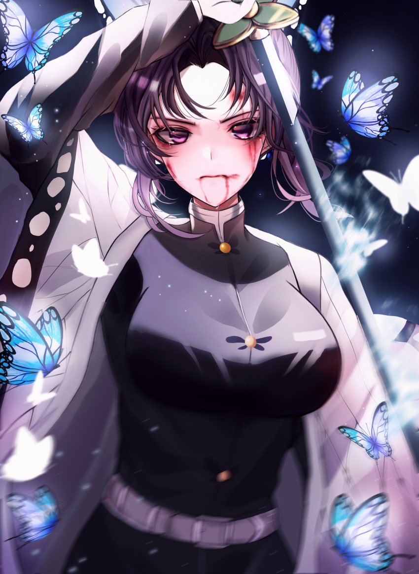 1girl, absurdres, animal_print, belt, blood, blood_on_face, breasts, bug, butterfly, butterfly_print, closed_mouth, eyebrows_visible_through_hair, ga_yeah, hair_ornament, highres, holding, holding_sword, holding_weapon, katana, kimetsu_no_yaiba, kochou_shinobu, looking_at_viewer, medium_breasts, medium_hair, purple_hair, simple_background, solo, standing, sword, tears, uniform, upper_body, violet_eyes, weapon, white_belt