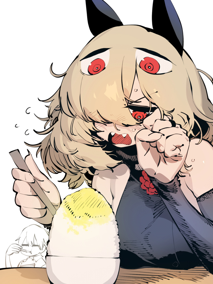 1girl, animal_ears, bat_ears, big_hair, blonde_hair, bowl, bright_pupils, character_request, commentary_request, debyi_za_korushifa_wa_makezugirai, fangs, flying_sweatdrops, food, hair_over_one_eye, hand_up, highres, holding, long_hair, one_eye_covered, open_mouth, red_eyes, rice, rice_bowl, ringed_eyes, simple_background, solo_focus, ssambatea, white_background, white_pupils, wide-eyed