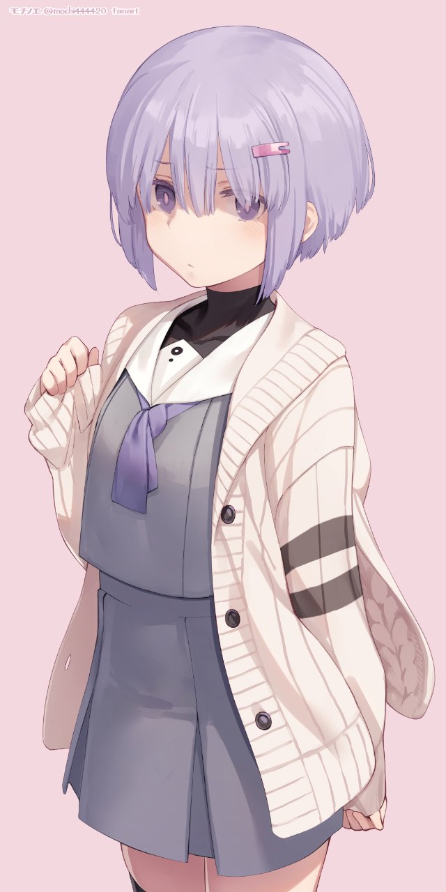 1girl, a.i._voice, artist_name, black_legwear, blush, cardigan, closed_mouth, cowboy_shot