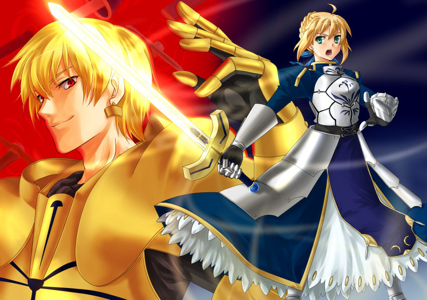 blonde_hair, excalibur, fate/stay_night, fate_(series), gate_of_babylon, gilgamesh, glowing, glowing_weapon