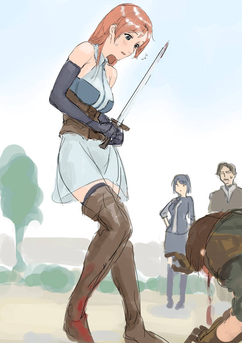 2boys, 2girls, absurdres, black_gloves, blood, boots, breasts, brown_hair