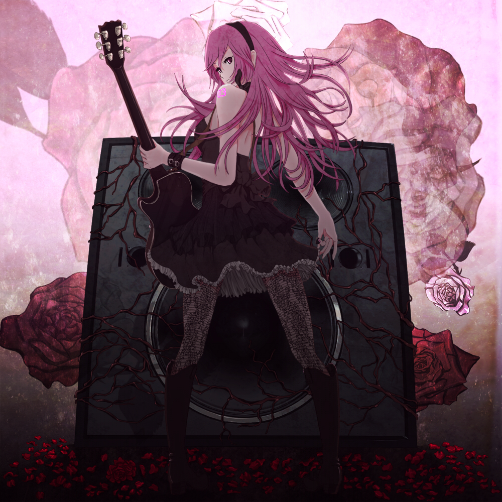 ar, black_dress, boots, dress, flower, from_behind, guitar, hairband