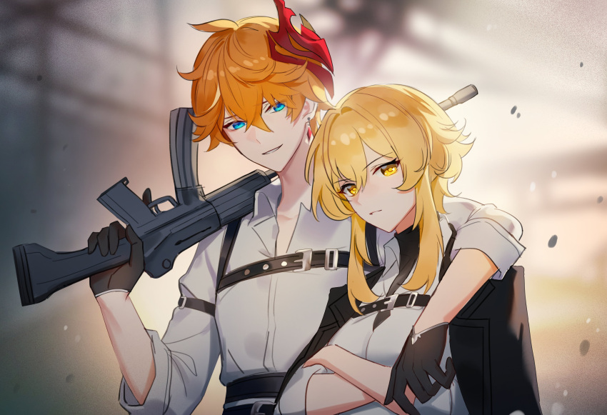 1boy, 1girl, absurdres, arm_around_neck, arm_over_shoulder, bangs, black_gloves, black_jacket