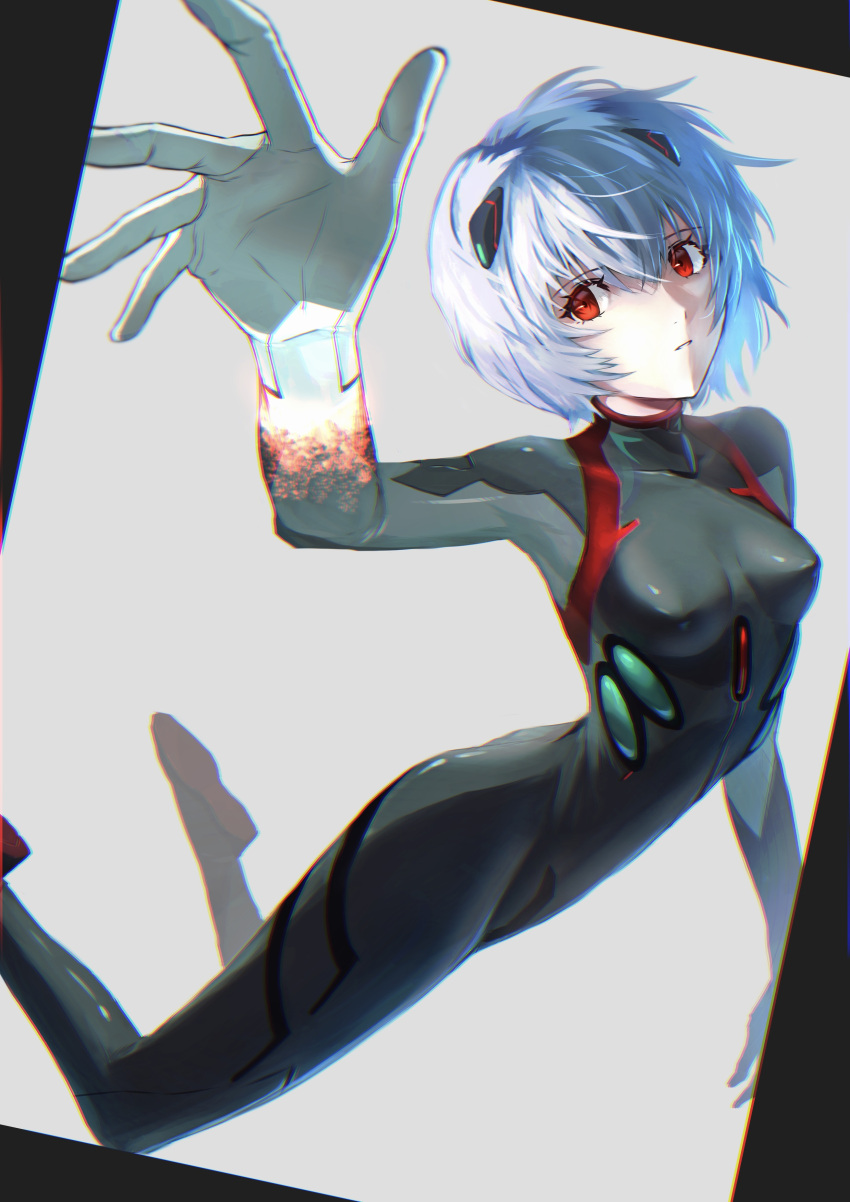 1boy, @acchom_zatta, absurdres, ayanami_rei, black_bodysuit, bodysuit, breasts, closed_mouth, evangelion:_3.0+1.0_thrice_upon_a_time, full_body, grey_background, highres, interface_headset, medium_breasts, neon_genesis_evangelion, pilot_suit, plugsuit, rebuild_of_evangelion, red_eyes, short_hair, solo