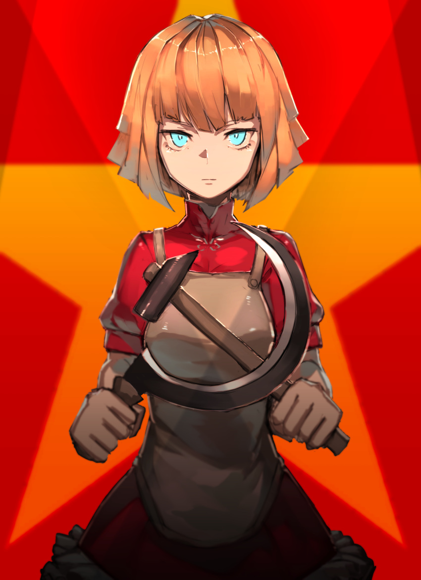 1girl, absurdres, apron, bangs, blonde_hair, blue_eyes, closed_mouth, communism, crescent, dress, fixro2n, hammer, hammer_and_sickle, highres, holding, holding_hammer, looking_at_viewer, orange_hair, original, red_background, red_dress, red_shirt, shirt, short_hair, short_sleeves, solo, soviet, star_(symbol), white_apron, yellow_star