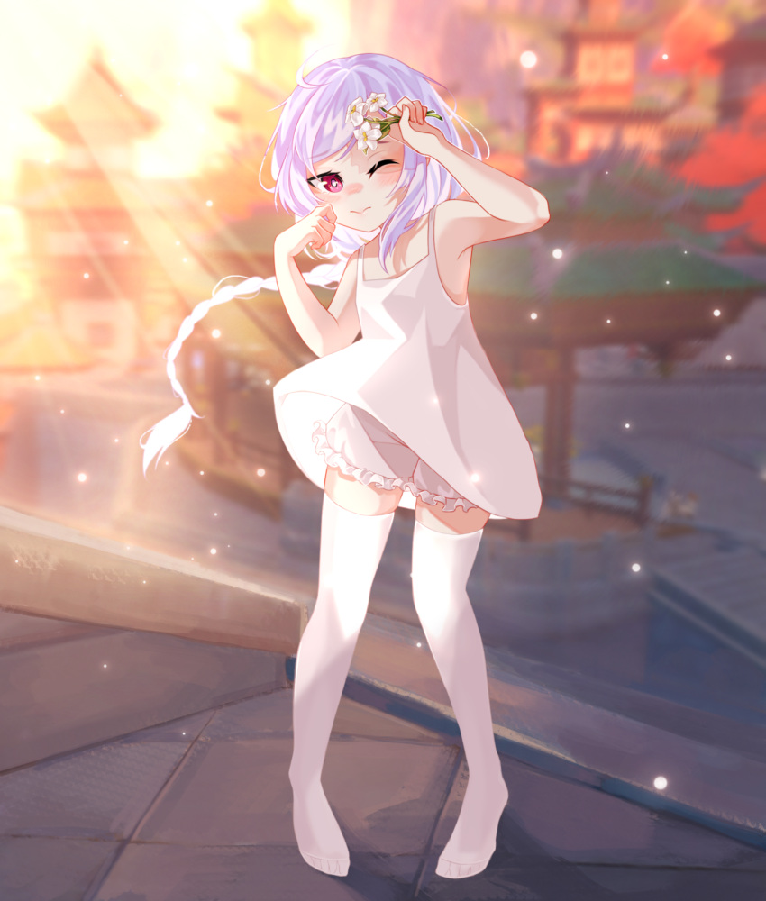 1girl, 3;, alternate_costume, architecture, armpits, bangs, bloomers, blurry, braid, braided_ponytail, building, casual, commentary, contemporary, depth_of_field, dress, east_asian_architecture, eyebrows_visible_through_hair, flower, genshin_impact, hair_between_eyes, highres, hiroside, holding, holding_flower, long_hair, looking_at_viewer, low_twintails, one_eye_closed, purple_hair, qiqi_(genshin_impact), sidelocks, single_braid, skyline, sleeveless, sleeveless_dress, solo, thigh-highs, twintails, underwear, violet_eyes, white_dress, white_legwear, wind, zettai_ryouiki