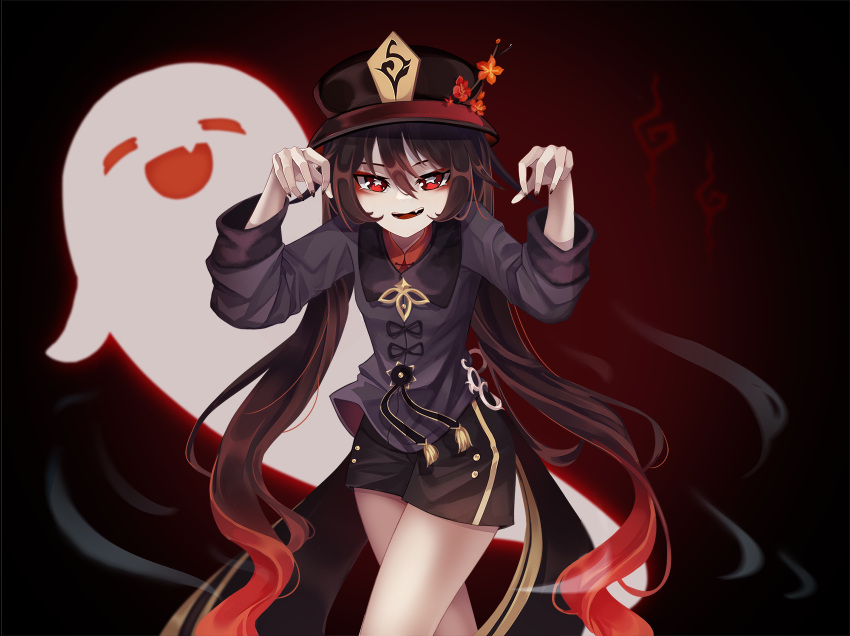 1girl, :d, bangs, black_background, black_hair, black_shorts, chinese_clothes, commentary