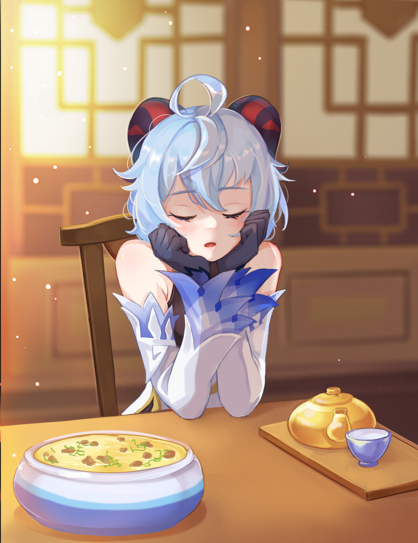 1girl, absurdres, ahoge, architecture, arm_support, bangs, black_bodysuit, black_gloves, blue_hair, blurry, bodysuit, bowl, chair, closed_eyes, commentary, cup, depth_of_field, detached_sleeves, east_asian_architecture, english_commentary, eyebrows_visible_through_hair, food, ganyu_(genshin_impact), genshin_impact, gloves, hair_between_eyes, head_rest, highres, hiroside, long_hair, looking_at_viewer, parted_lips, sidelocks, sleeping, solo, soup, table, teacup, teapot, wide_sleeves