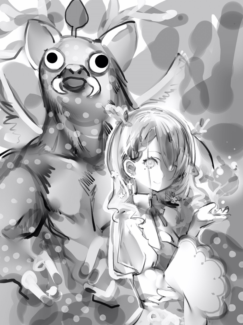 antlers, ceres_fauna, closed_mouth, creature, greyscale, hand_up, highres, hololive, hololive_english, long_hair, long_sleeves, looking_at_viewer, mole, mole_under_eye, monochrome, nanashi_(nlo), neck_ribbon, ribbon, sketch, smile, spore_(game)