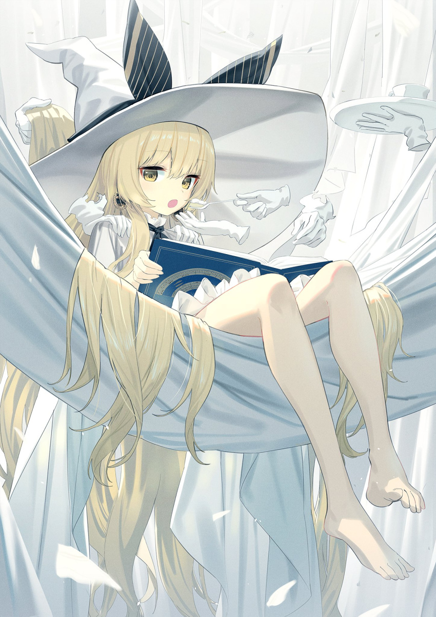 1girl, absurdly_long_hair, bare_legs, barefoot, black_bow, book, bow, disembodied_limb