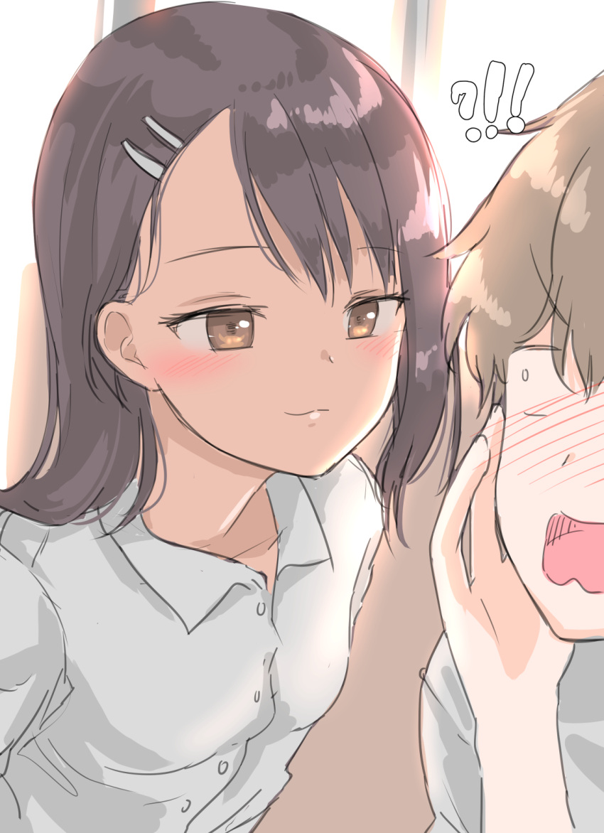 !?, 1boy, 1girl, bangs, black_hair, blush, breasts, brown_eyes