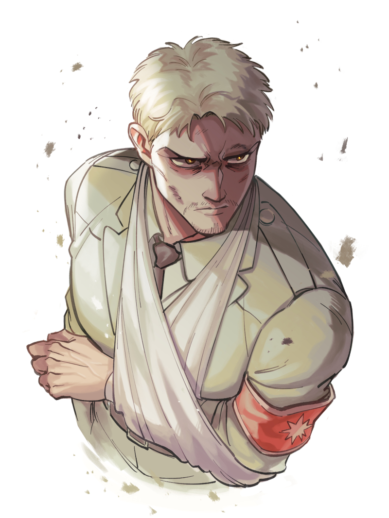 1boy, ah_luan, armband, bandaged_arm, bandages, blonde_hair, cropped_torso, debris, dust, facial_hair, goatee, looking_to_the_side, male_focus, necktie, pectorals, reiner_braun, shingeki_no_kyojin, short_hair, solo, stubble, toned, toned_male