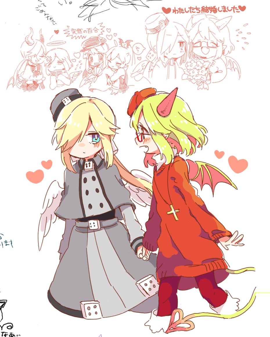 2girls, angel, angel_wings, bat_wings, beret, blonde_hair, blush, cross