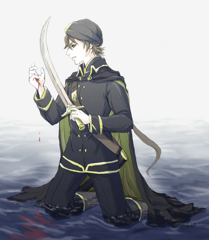 1boy, artist_name, black_cape, black_headwear, black_pants, black_shirt, bleeding, blood