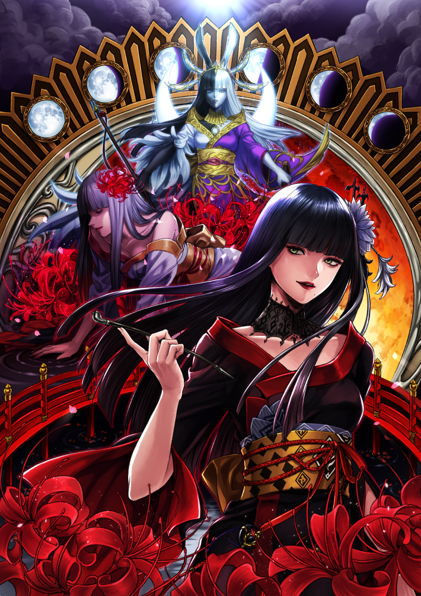 3girls, all_fours, animal_ears, architecture, bangs, bare_shoulders, black_hair, black_kimono, blunt_bangs, bridge, clouds, colored_skin, east_asian_architecture, final_fantasy, final_fantasy_xiv, flower, green_eyes, grey_hair, grey_kimono, hair_flower, hair_ornament, highres, holding, holding_pipe, japanese_clothes, kimono, kiseru, lace_collar, looking_to_the_side, mole, mole_under_mouth, moon, moon_phases, multicolored, multicolored_hair, multicolored_skin, multiple_girls, multiple_persona, obi, pipe, rabbit_ears, red_lips, red_moon, ripples, rosa_(hoshino), sash, spider_lily, spoilers, tiara, tsukuyomi_(ff14), two-tone_hair, two-tone_skin, upper_body, water, white_hair, yotsuyu_(ff14)