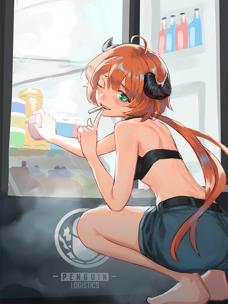 1girl, ahoge, arknights, ass, back, bakage, bangs, bare_shoulders