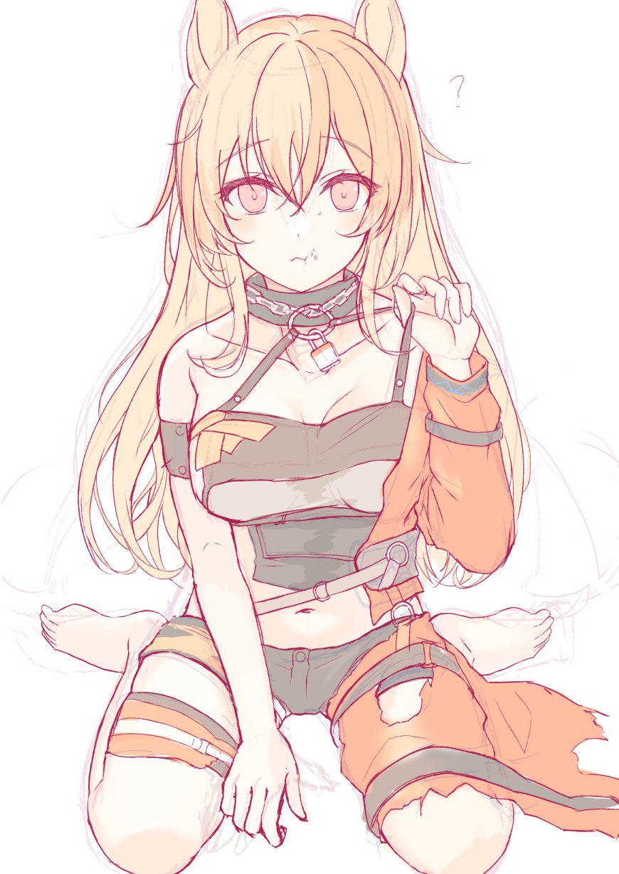 1girl, ?, animal_ears, aokabi_(aokabic), arknights, bare_shoulders, blush, breasts