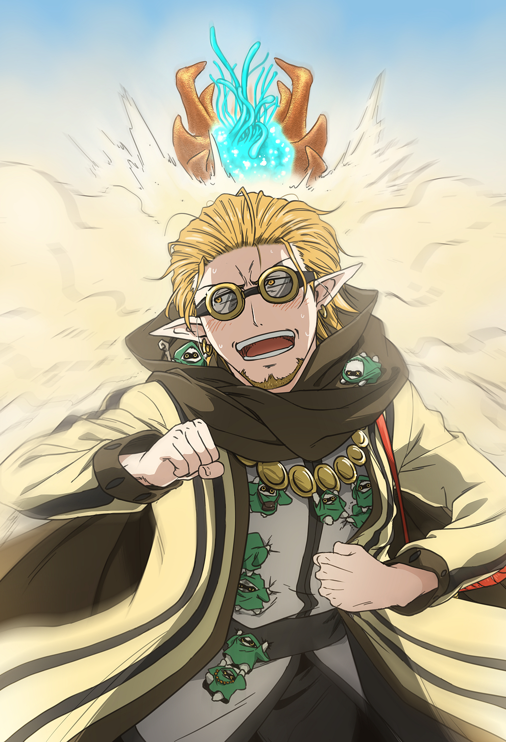 1boy, beard, blonde_hair, blush, brown_scarf, clenched_hand, earrings, facial_hair