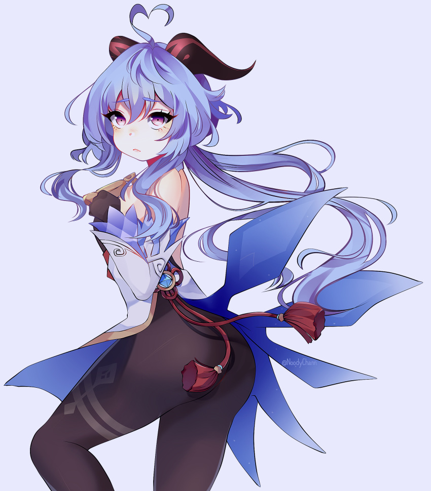 1girl, ahoge, ass, bangs, bell, black_bodysuit, black_gloves, blue_hair