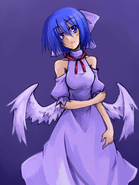 angel_wings, bare_shoulders, detached_sleeves, hair_ribbon, hemogurobin_a1c, mai_(touhou), purple, ribbon