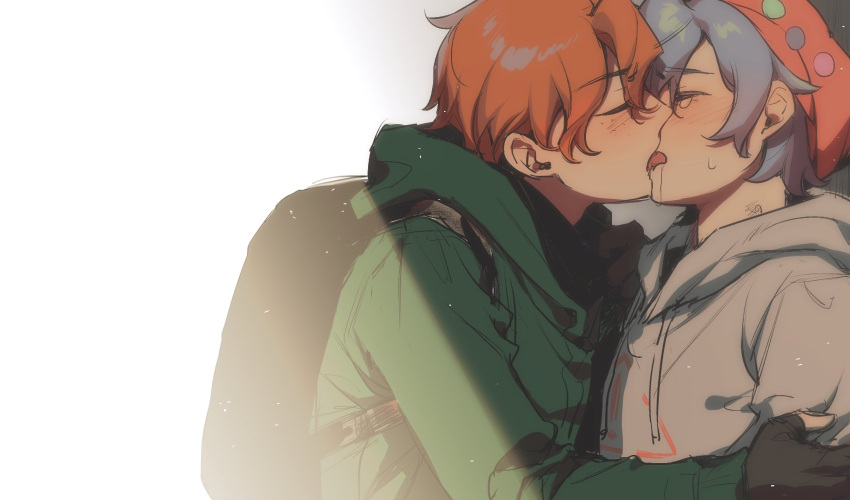 2boys, alternate_universe, backpack, blue_hair, blush, boyfriend_(friday_night_funkin'), chinese_commentary, friday_night_funkin', friday_night_funkin'_soft, hoodie, kiss, male_focus, multiple_boys, nnnn29968091, orange_hair, pico_(pico's_school), short_hair, simple_background, tears, tongue, white_background, yaoi