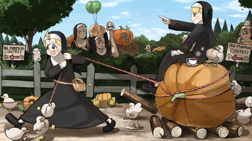 5girls, balloon, barn_owl, bird, blonde_hair, brown_hair, bush, cookie