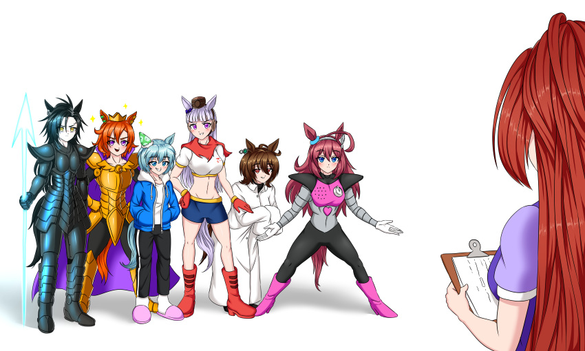 6+girls, absurdres, agnes_tachyon_(umamusume), ahoge, air_shakur_(umamusume), alphys_(cosplay), animal_ears, annotated, aqua_hair, armor, asgore_dreemurr_(cosplay), blue_eyes, blue_jacket, blue_shorts, boots, brown_hair, clipboard, collarbone, commentary, cosplay, cosplayb, crown, daiwa_scarlet_(umamusume), ear_covers, ear_piercing, eyebrow_piercing, eyebrows_visible_through_hair, faulds, fur_trim, gauntlets, gloves, gold_ship_(umamusume), greaves, headgear, highres, hood, hooded_jacket, horse_ears, horse_girl, horse_tail, jacket, knee_boots, krakelak, labcoat, long_hair, mettaton_(cosplay), mettaton_ex_(cosplay), mihono_bourbon_(umamusume), multiple_girls, orange_hair, papyrus_(undertale)_(cosplay), pauldrons, piercing, pillbox_hat, pink_footwear, plate_armor, pose, red_footwear, red_gloves, sans_(undertale)_(cosplay), school_uniform, seiun_sky_(umamusume), shorts, shoulder_armor, silver_hair, single_ear_cover, sleeves_past_fingers, sleeves_past_wrists, slippers, t.m._opera_o_(umamusume), tail, tracen_school_uniform, trait_connection, umamusume, undertale, undyne_(cosplay), violet_eyes, yellow_eyes