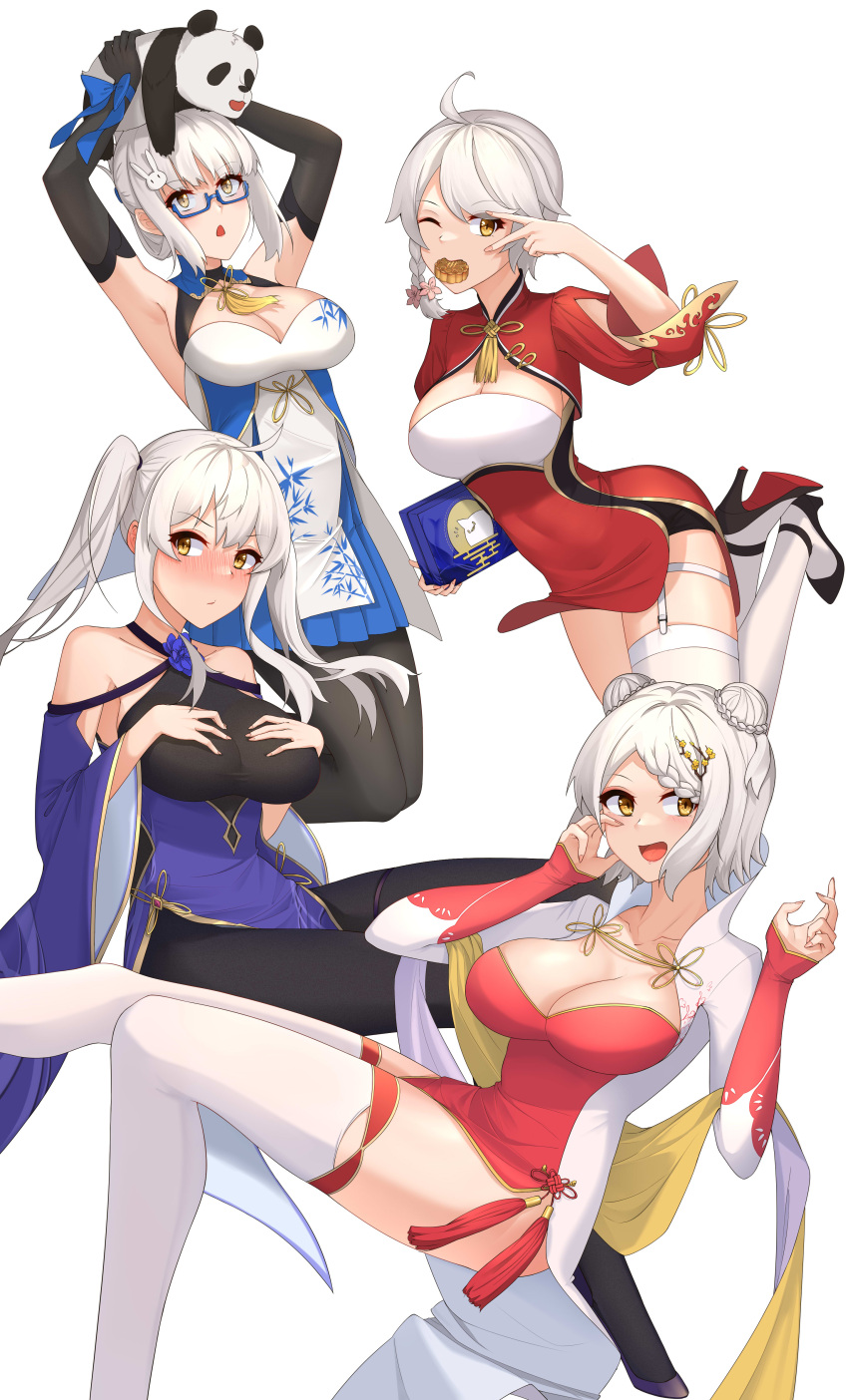 4girls, absurdres, black_legwear, blue-framed_eyewear, blue_dress, braid, breasts, china_dress, chinese_clothes, double_bun, dress, folded_ponytail, glasses, highres, large_breasts, long_hair, multiple_girls, niejianli, one_eye_closed, pantyhose, red_dress, semi-rimless_eyewear, short_hair, side_braid, sidelocks, sleeveless, sleeveless_dress, thigh-highs, twintails, under-rim_eyewear, warship_girls_r, white_hair, white_legwear, yellow_eyes