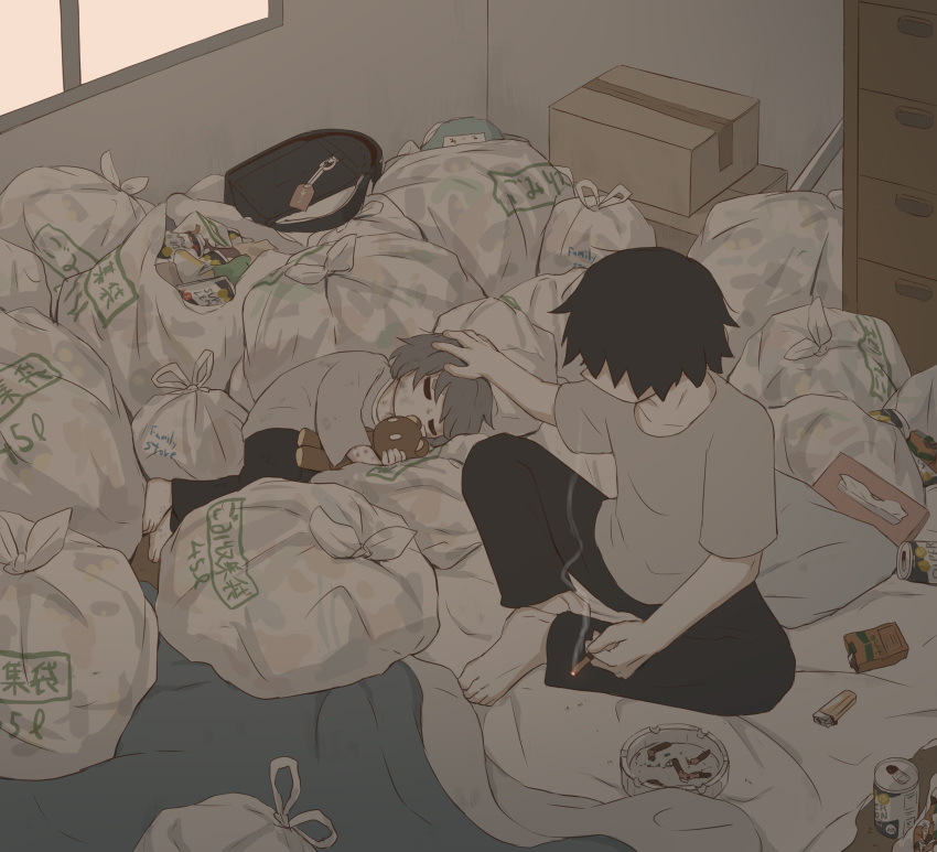 2boys, absurdres, ashtray, avogado6, backpack, bag, bandaid, bandaid_on_forehead