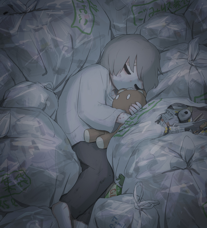 1boy, absurdres, avogado6, bandaid, bandaid_on_forehead, barefoot, beer_can, can