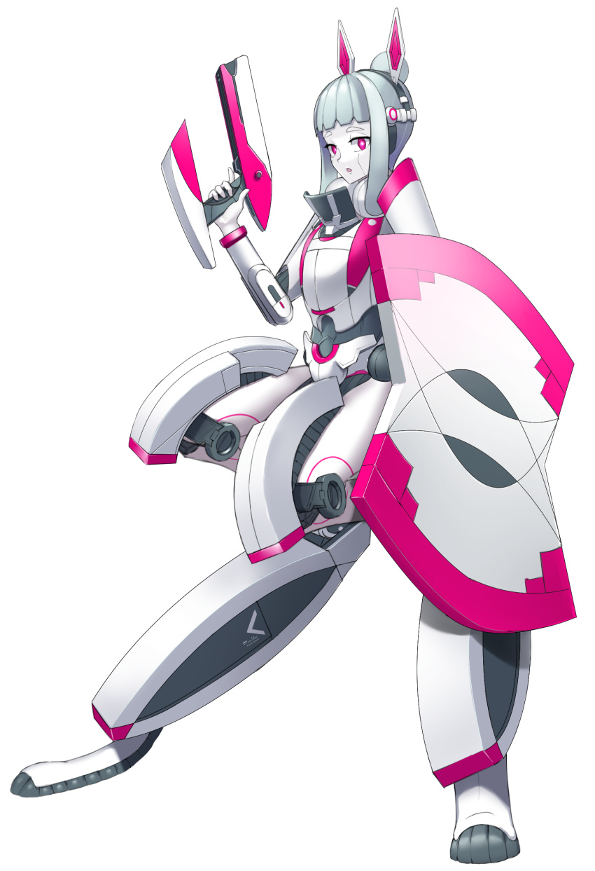 android, animal_ears, aqua_hair, armor, colored_skin, digitigrade, full_body, gun