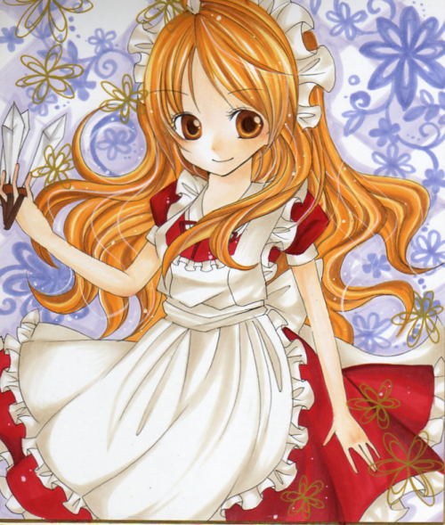 apron, blonde_hair, brown_hair, flower, long_hair, maid_headdress, marker_(medium), mizame