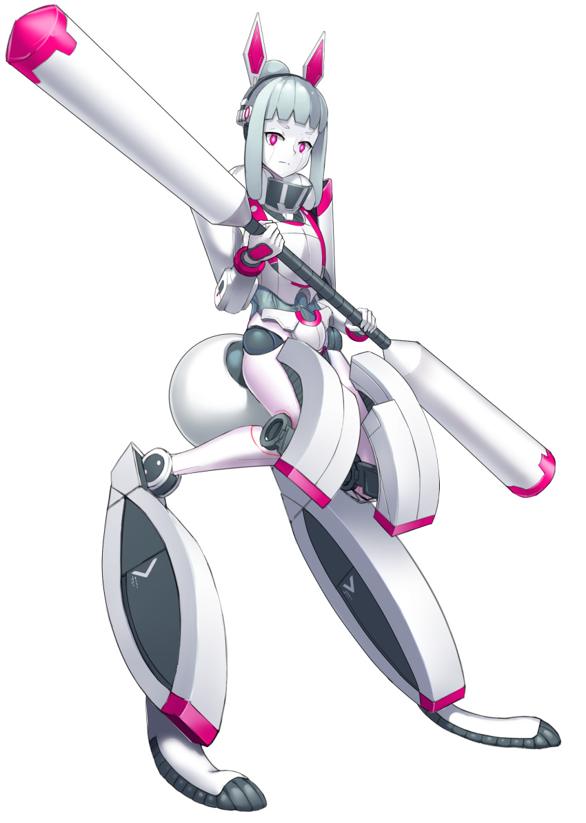absurdres, android, animal_ears, aqua_hair, armor, colored_skin, digitigrade, full_body