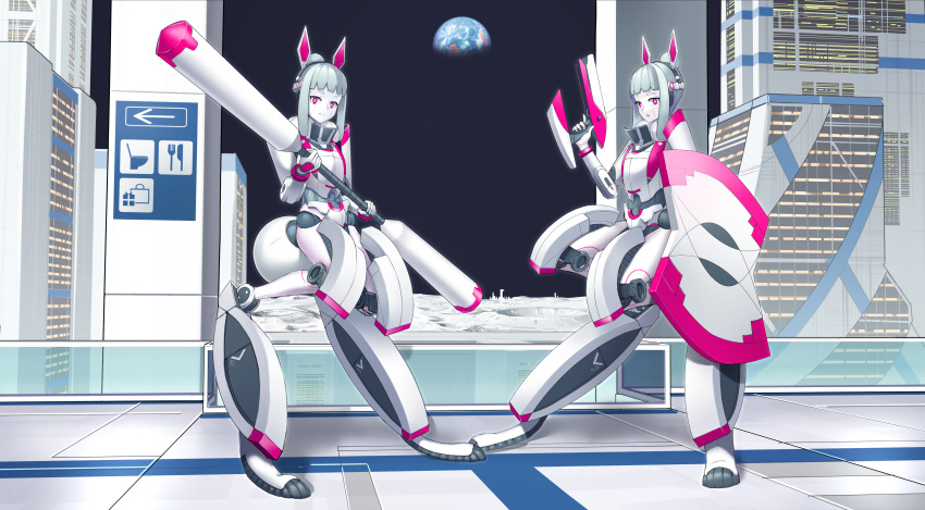 2girls, absurdres, android, animal_ears, aqua_hair, armor, building, cityscape
