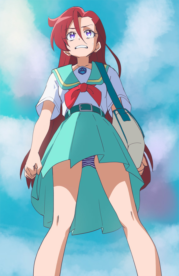 1girl, aozora_middle_school_uniform, blue_panties, blue_sky, clouds, day, green_sailor_collar, green_skirt