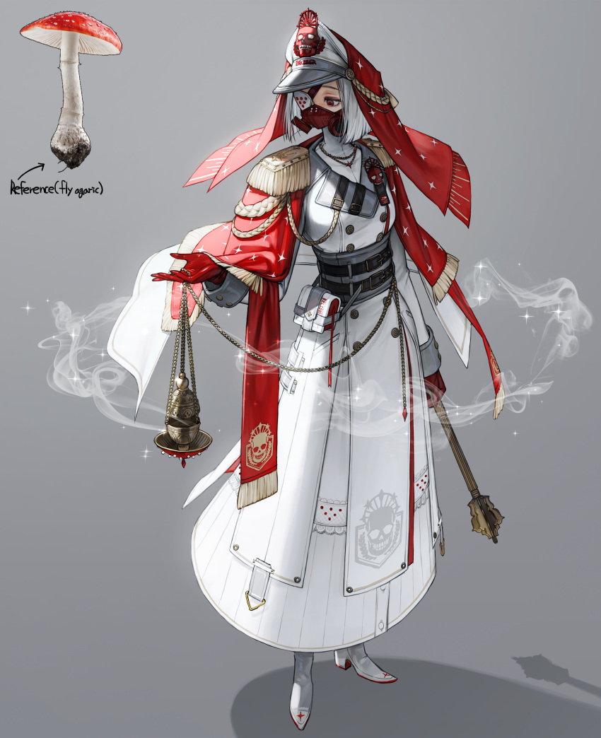 1girl, absurdres, belt_pouch, boots, capelet, censer, corset, english_commentary, epaulettes, eyepatch, fly_agaric, fringe_trim, full_body, gas_mask, gloves, hat, high_heel_boots, high_heels, highres, incense, incense_burner, mace, mask, military, military_uniform, mushroom, original, peaked_cap, personification, pouch, red_eyes, red_gloves, rinotuna, skull, skull_print, solo, standing, uniform, weapon, white_hair