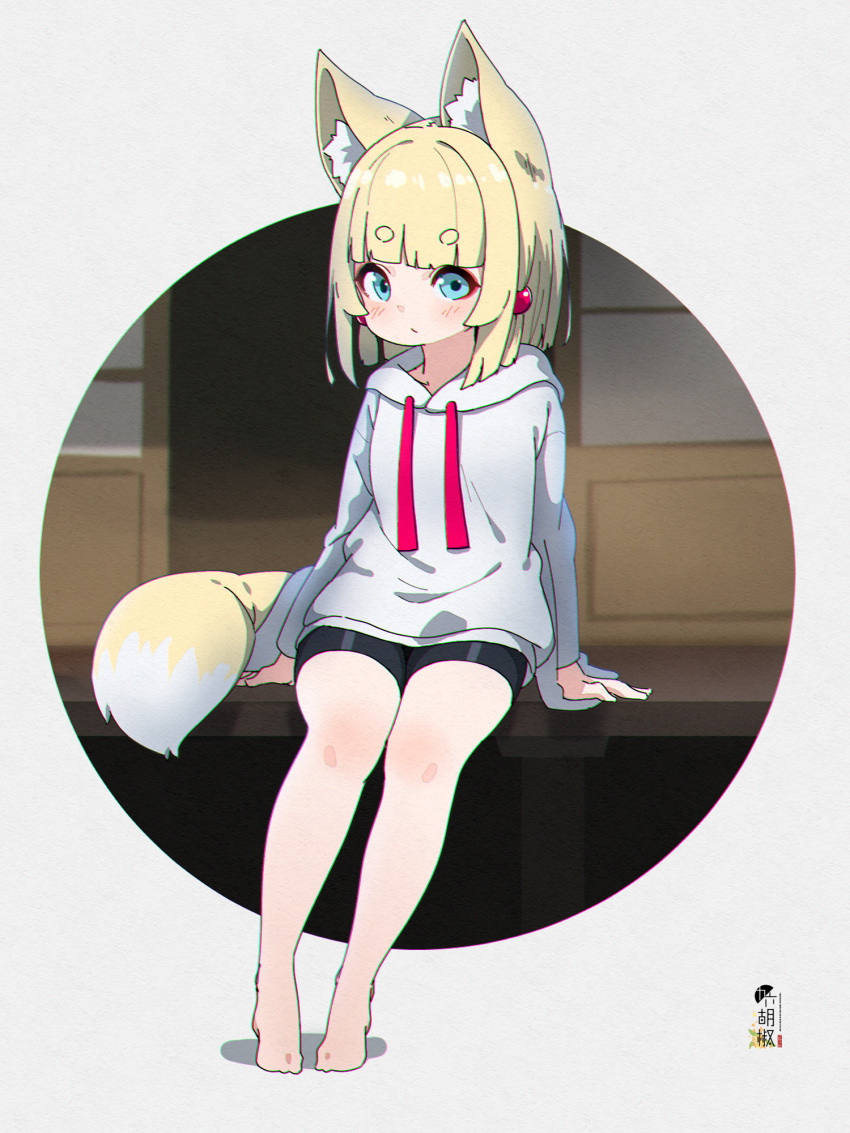 1girl, animal_ear_fluff, animal_ears, bangs, barefoot, bike_shorts, black_shorts, blonde_hair