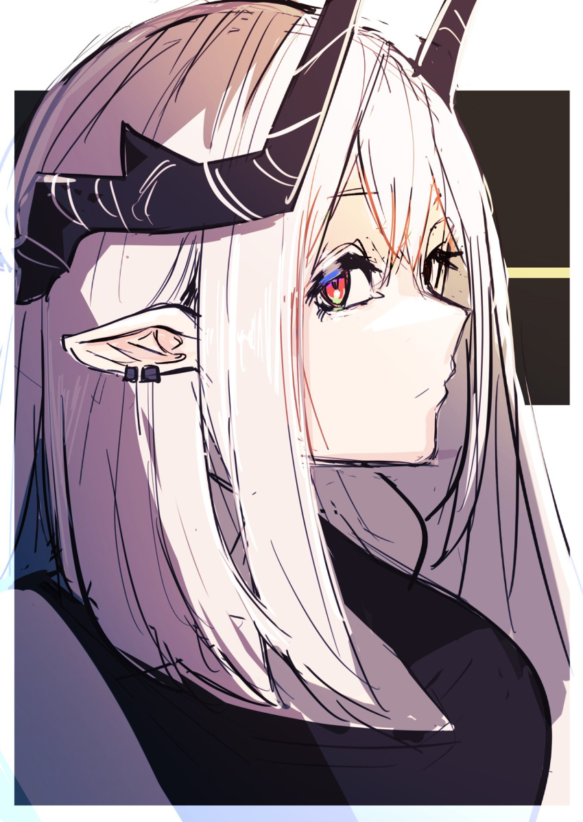 1girl, arknights, bangs, bare_shoulders, closed_mouth, commentary_request, demon_girl, demon_horns, ear_piercing, highres, horns, long_hair, looking_to_the_side, miyashitagutei, mudrock_(arknights), piercing, pointy_ears, portrait, red_eyes, silver_hair, solo