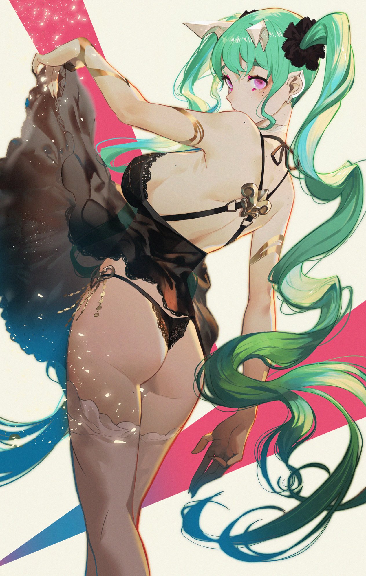 1girl, ass, bangs, bare_shoulders, blue_hair, breasts, cowboy_shot, dress