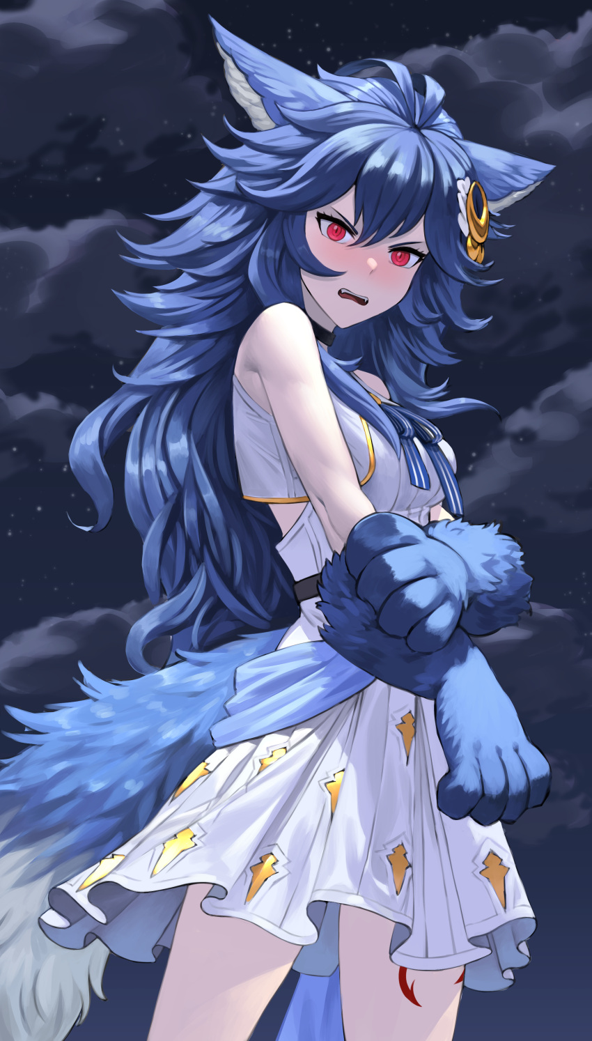 1girl, absurdres, ahoge, animal_ears, animal_hands, arm_grab, bangs, blue_hair