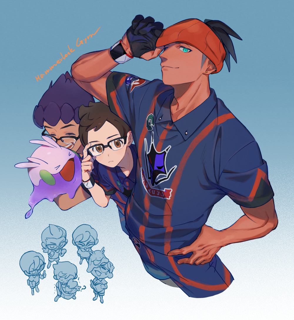 >_<, 3boys, :d, ?, bespectacled, black_hair, blue_shirt, blue_shorts