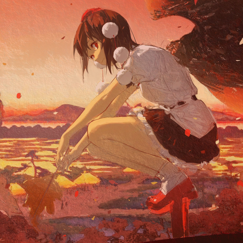 1girl, bangs, black_hair, black_wings, breasts, feathered_wings, frilled_skirt, frills