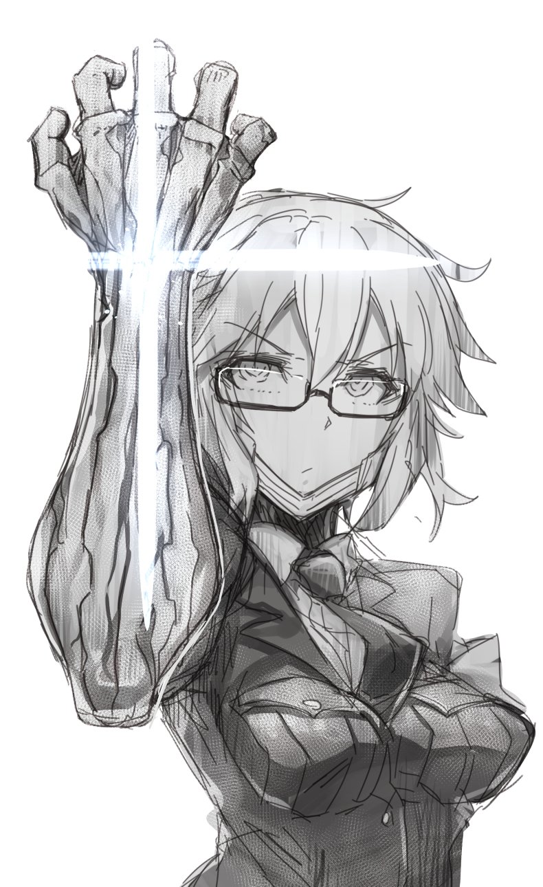 1girl, :/, breasts, closed_mouth, denki_showgun, glasses, greyscale, hand_up