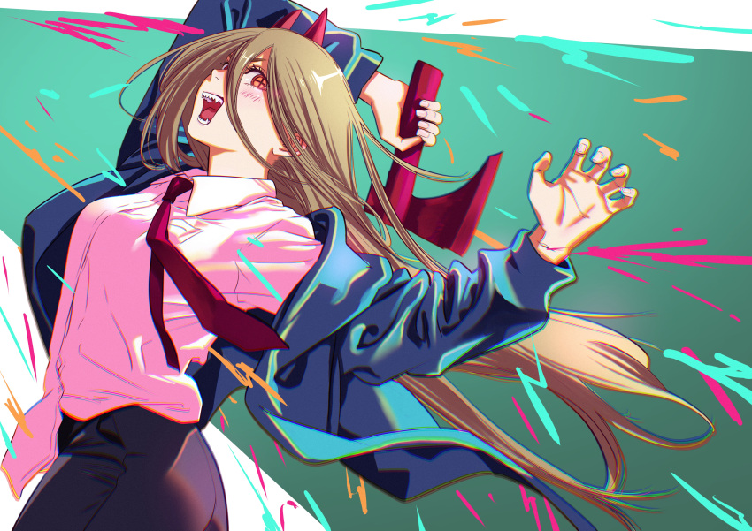 +_+, 1girl, absurdres, axe, blonde_hair, breasts, chainsaw_man, demon_girl