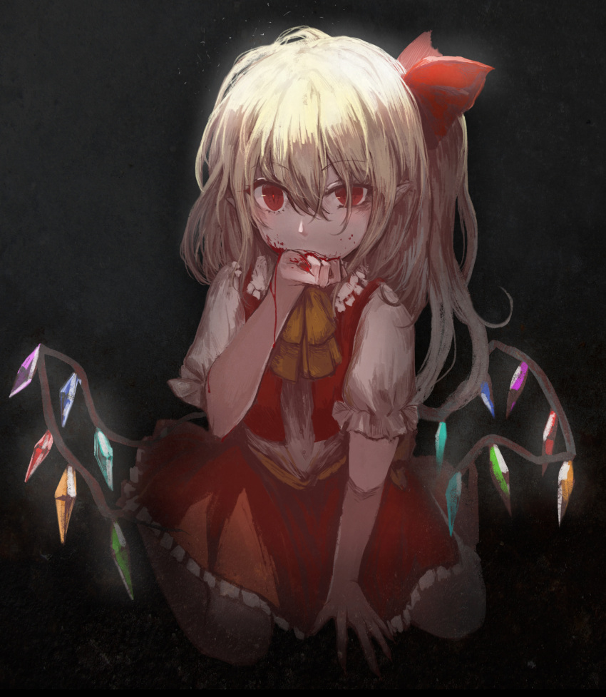 1girl, ascot, bangs, biting_hand, blonde_hair, blood, blood_on_face, blood_on_hands