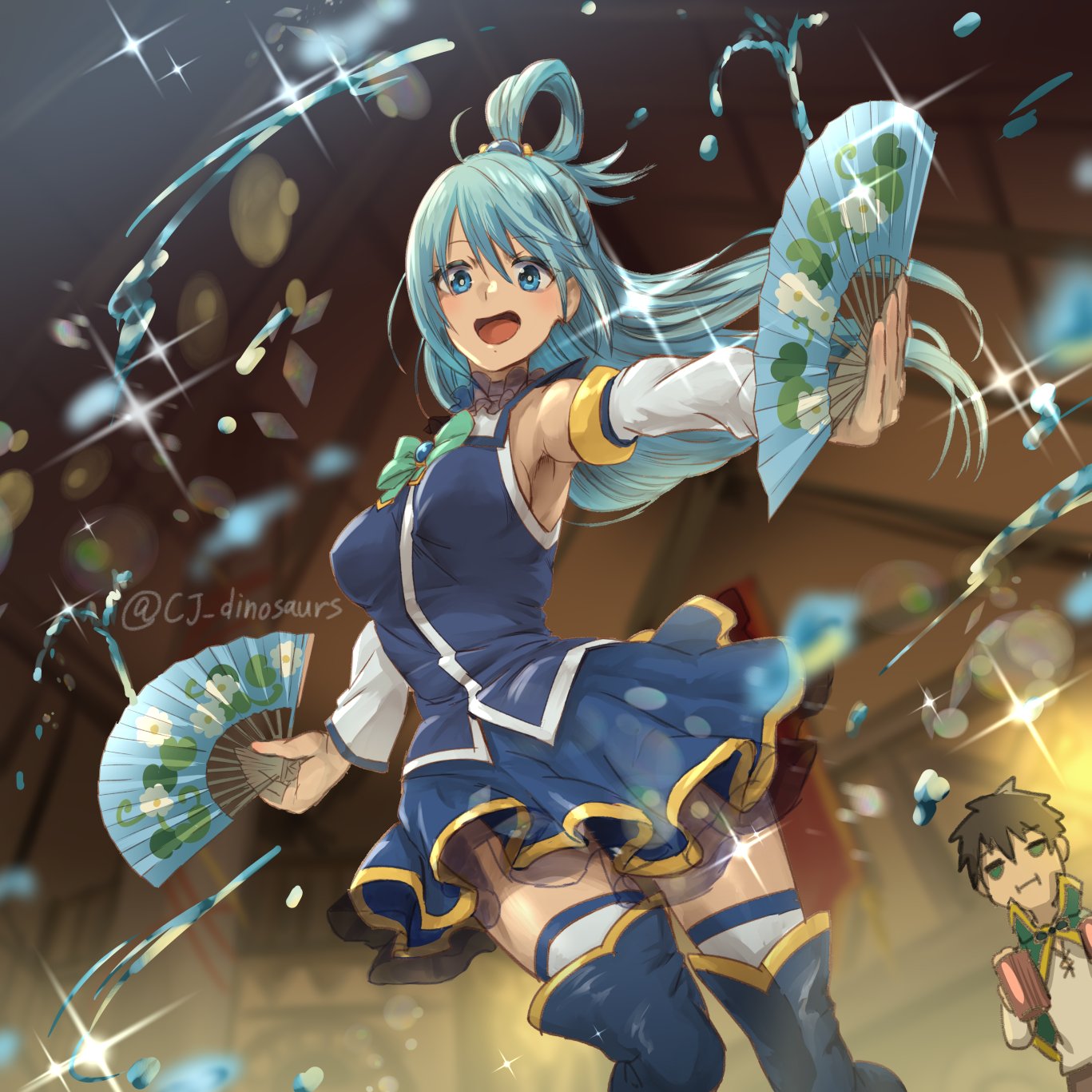 1000dragon, 1boy, 1girl, :i, aqua_(konosuba), armpits, artist_name, blue_eyes, blue_hair, blue_legwear, blue_shirt, blue_skirt, boots, bow, breasts, brown_hair, cowboy_shot, detached_sleeves, green_bow, hair_ornament, hair_rings, hand_fan, highres, kono_subarashii_sekai_ni_shukufuku_wo!, open_mouth, satou_kazuma, shirt, skirt, smile, thigh-highs, thigh_boots, thighhighs_under_boots